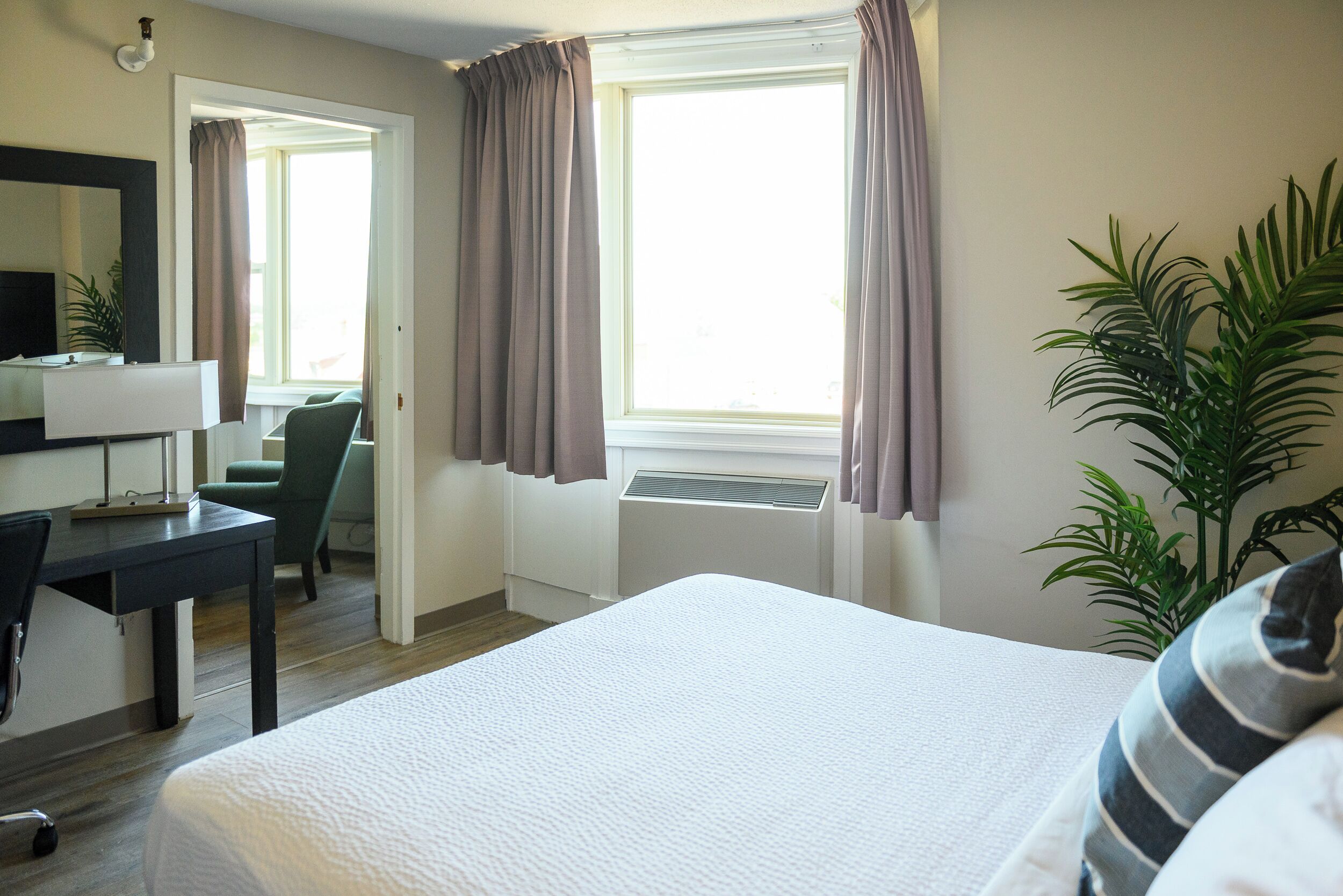 A hotel room with a bed, a desk with a chair, a mirror, a window with curtains, and a potted plant.