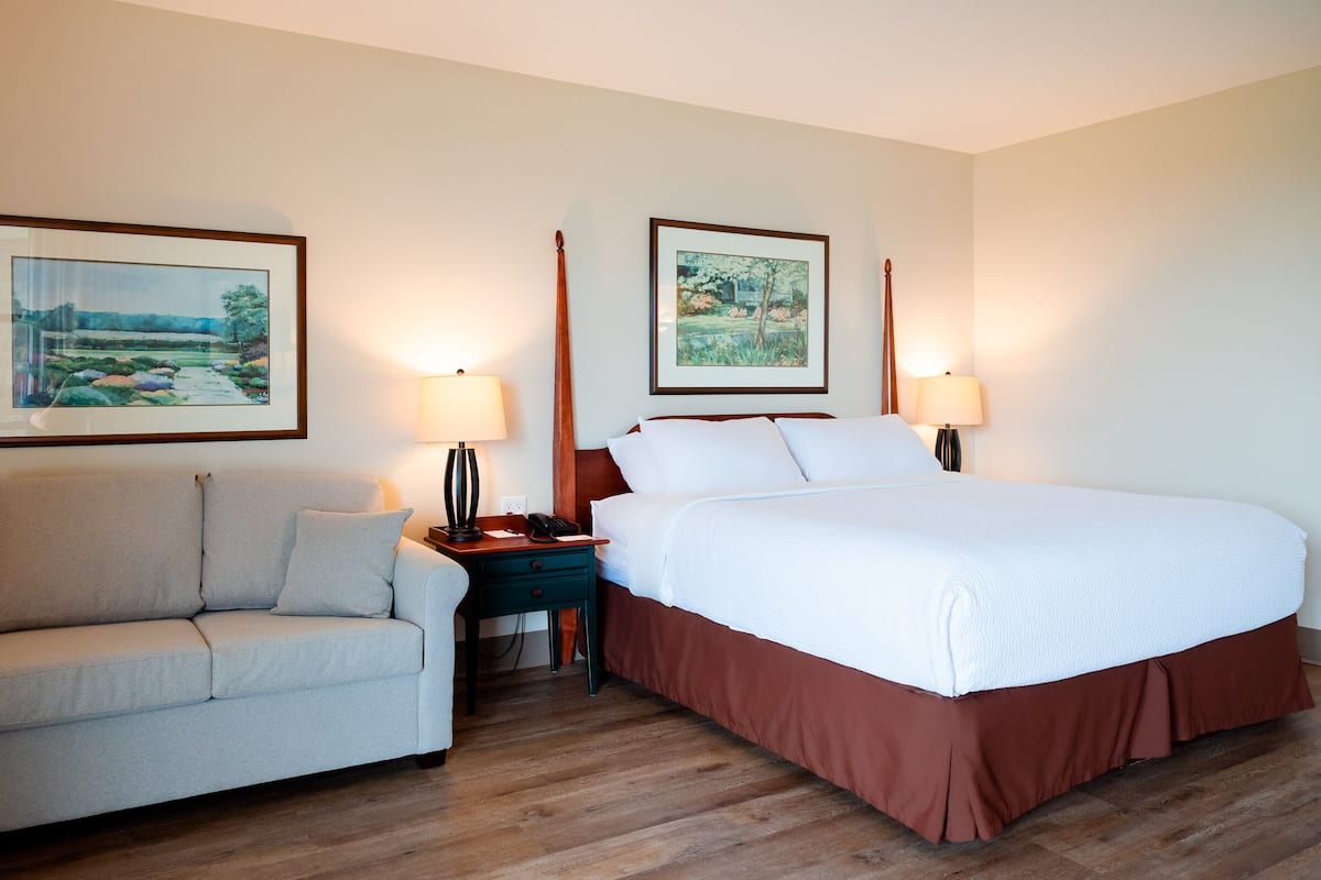 Habitación de hotel con cama, sofá, dos mesitas de noche con lámparas y dos cuadros enmarcados con paisajes.