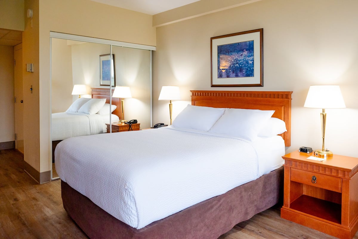 Habitación de hotel con una cama grande, dos mesitas de noche con lámparas, una mesita de madera con cajón, un espejo y un cuadro en la pared.