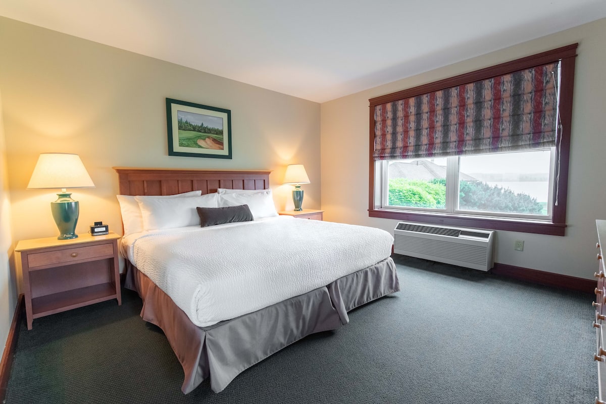 Habitación de hotel con una cama grande, dos mesitas de noche con lámparas, una ventana con vistas y un cuadro en la pared.