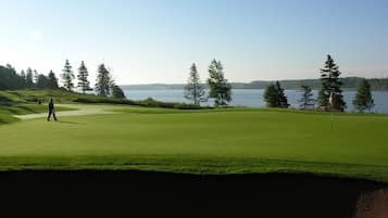 Un campo de golf con un cuerpo de agua al fondo.