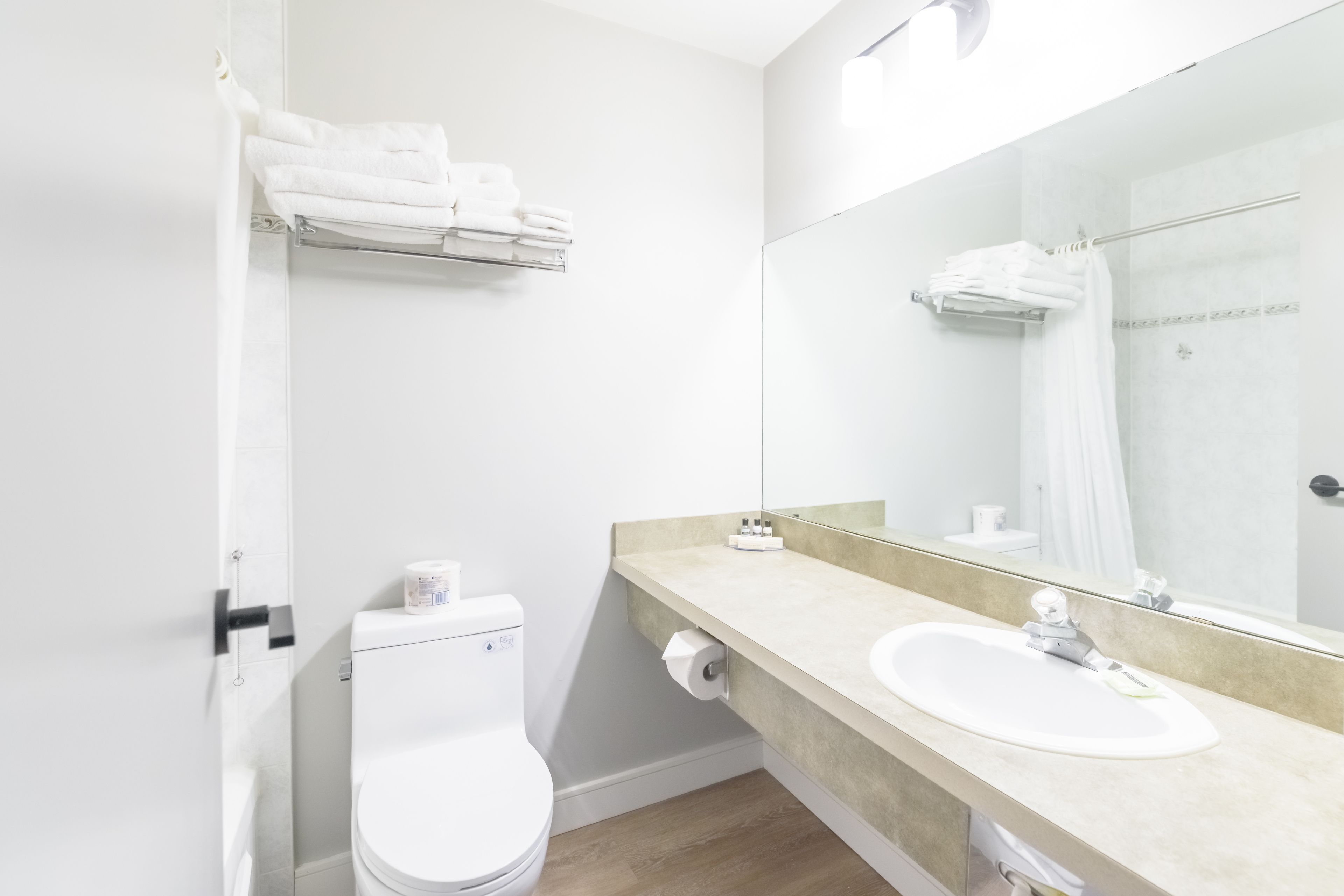 A modern bathroom with a toilet, sink, and a large mirror.