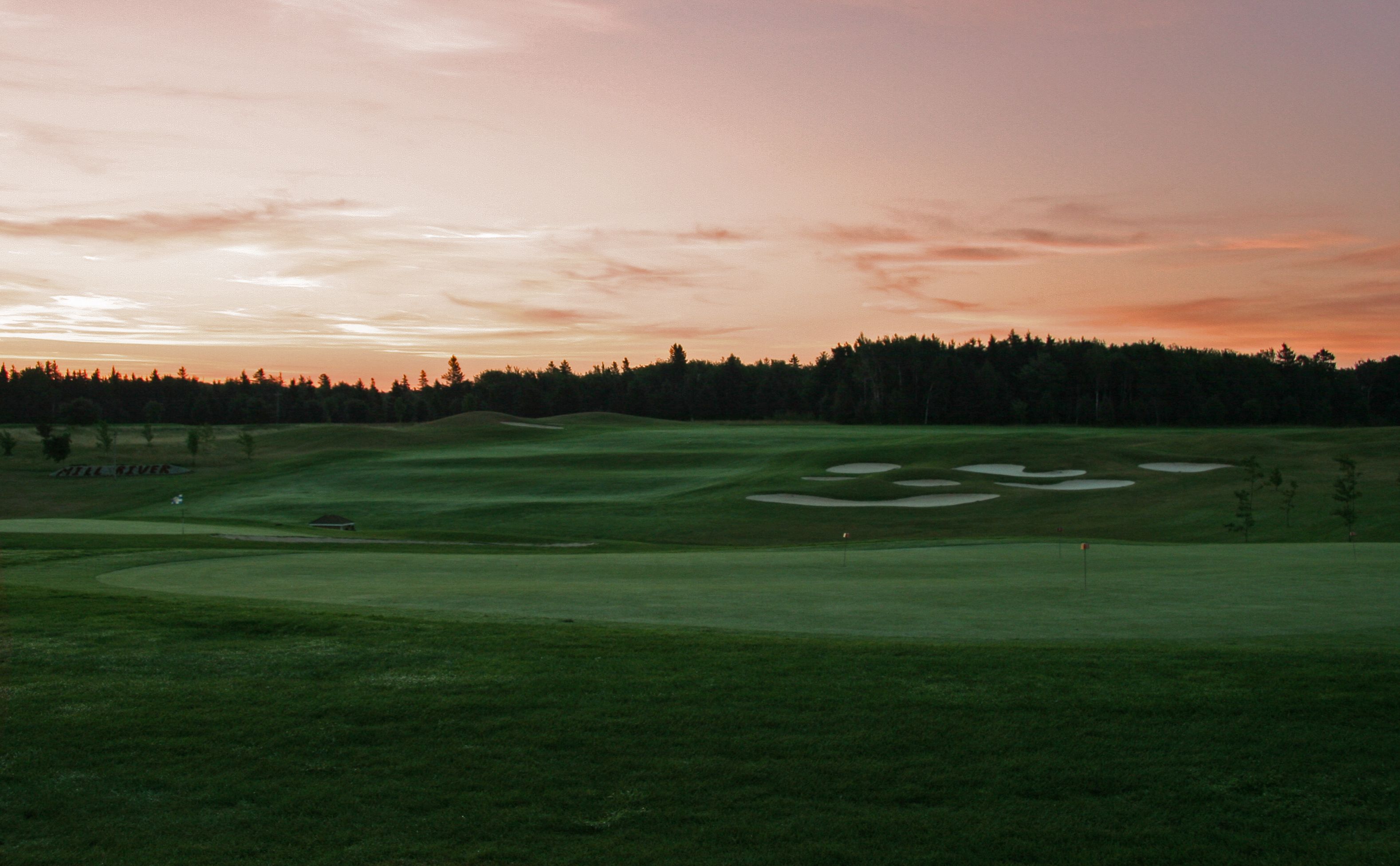 A golf course with sand bunkers, a flag, and a forest in the background.