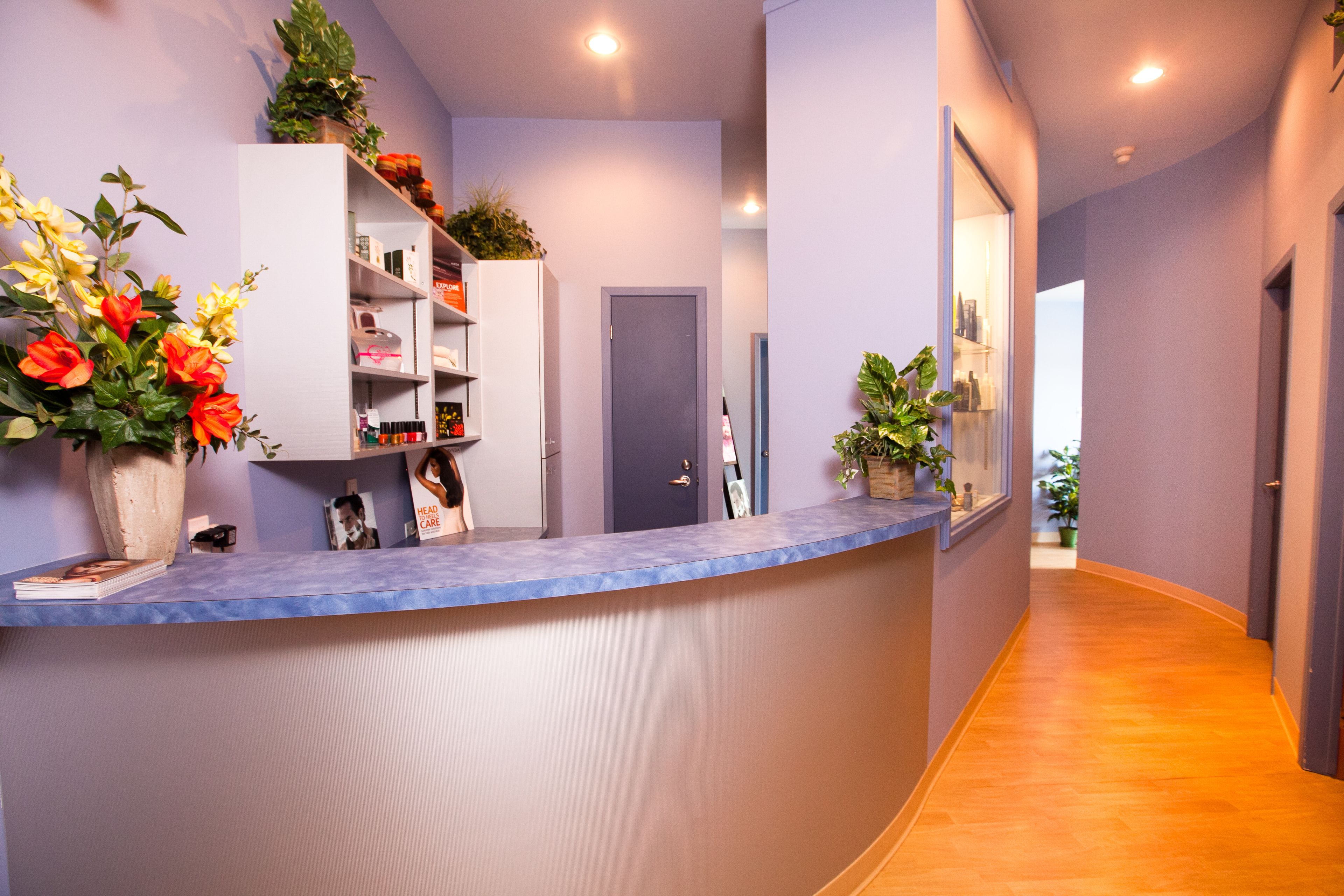 Una zona de recepción con un mostrador curvo, estantes con plantas y una puerta al fondo.