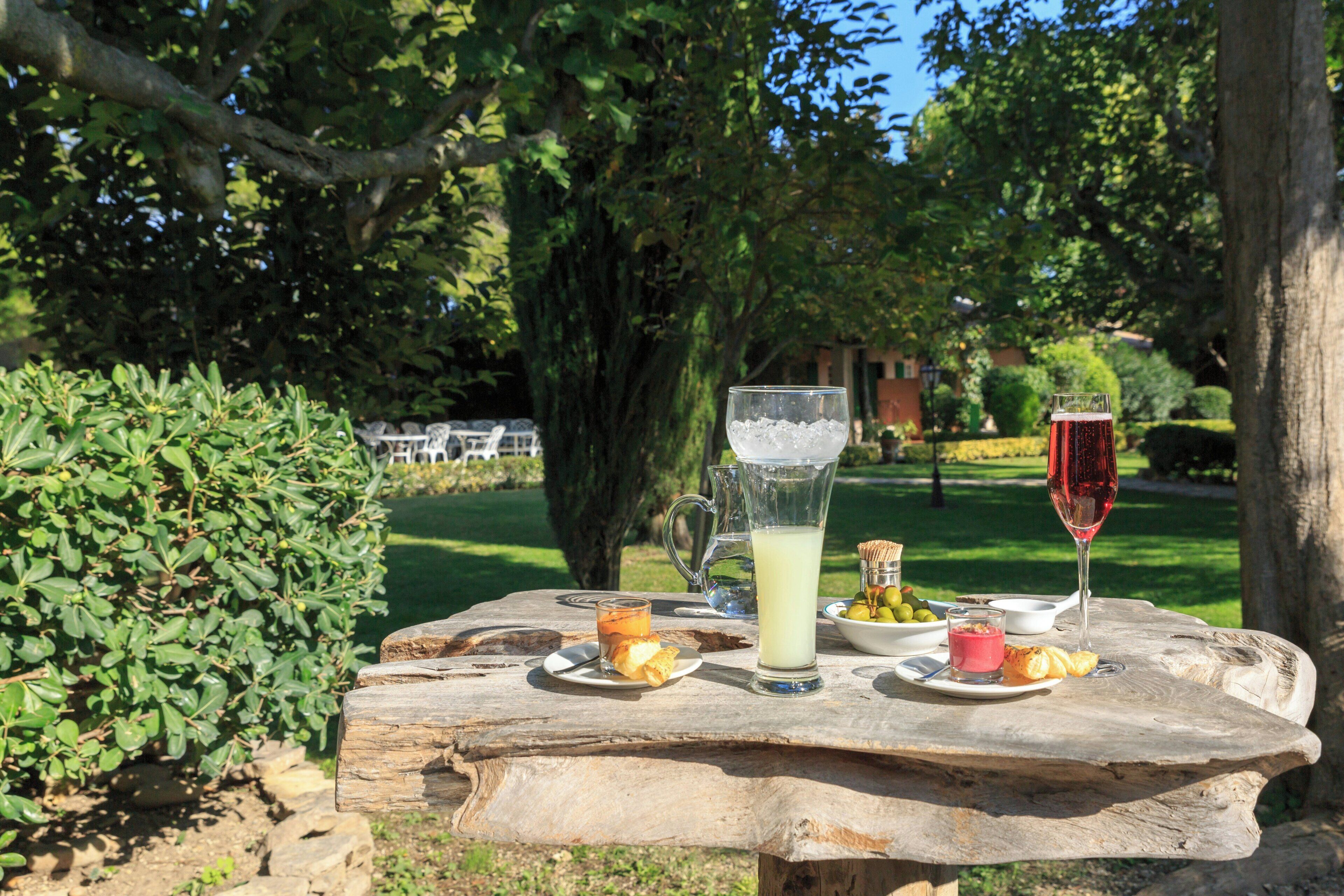 A picnic table with food and drinks, surrounded by greenery and trees.