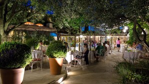 Un área de comedor al aire libre con mesas y sillas, rodeada de plantas en macetas y árboles.