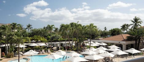 A poolside area with lounge chairs and umbrellas, surrounded by palm trees and a clear sky.
