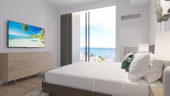 Kai Ocean View Ali i Suite | Premium bedding, pillowtop beds, in-room safe, laptop workspace at Maui Coast Hotel