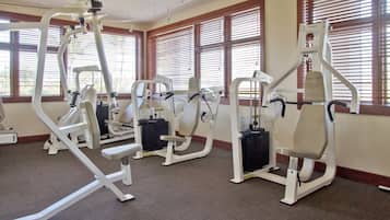A gym with exercise equipment, large windows, and a carpeted floor.