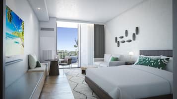 A modern hotel room with a large bed, a desk with a laptop, a balcony with outdoor seating, and a large painting of a beach scene.