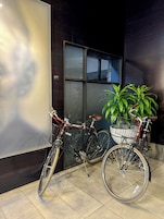 A bicycle parked next to a door with a potted plant beside it.