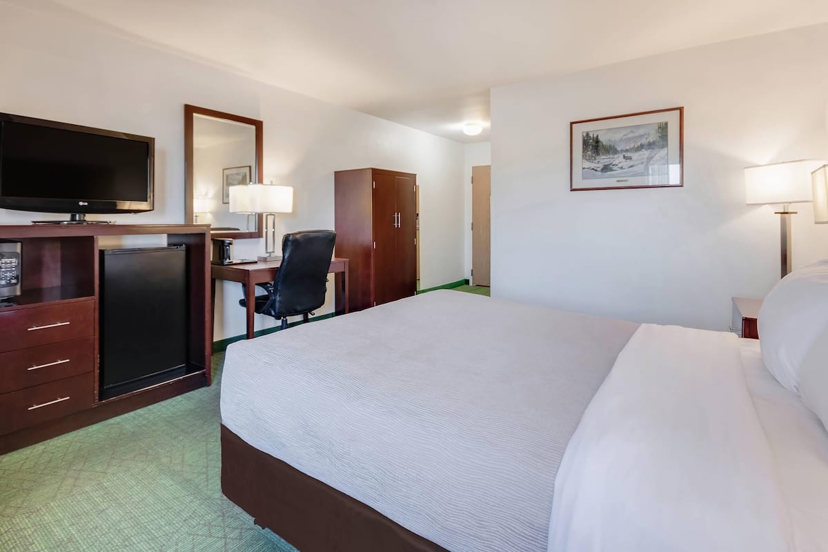 A hotel room with a bed, a desk with a chair, a television, a wardrobe, and a painting on the wall.