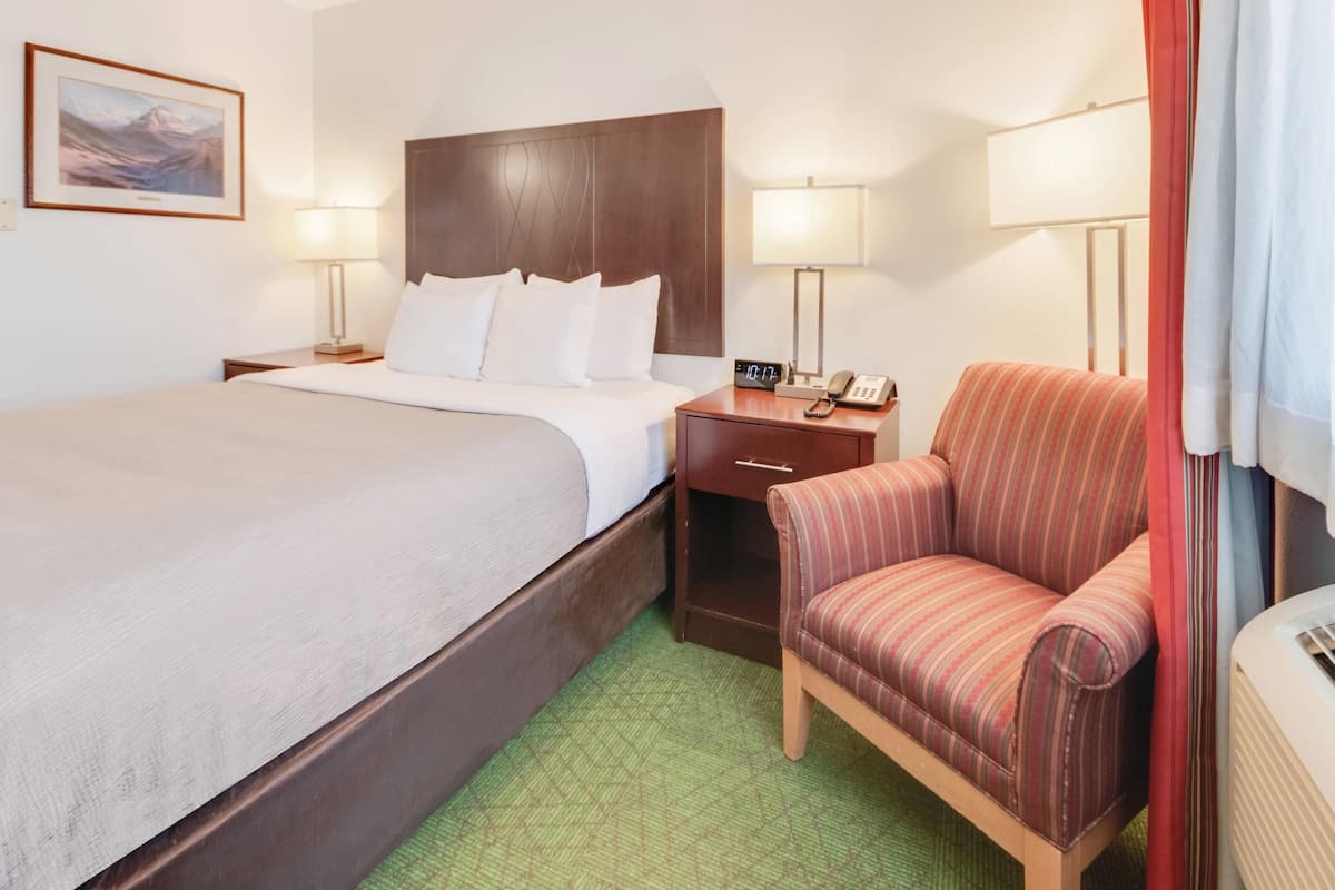A hotel room with a large bed, a nightstand with a lamp, a chair, and a painting on the wall.