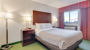 Habitación de hotel con una cama grande, dos mesitas de noche con lámparas, una mesita auxiliar, alfombra verde y una ventana con cortinas.