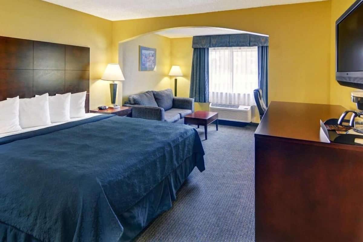 A hotel room with a large bed, a sofa, a desk, a television, and a window with curtains.