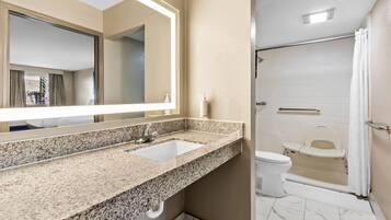 A bathroom with a granite countertop sink, a large mirror, a toilet, and a shower area.
