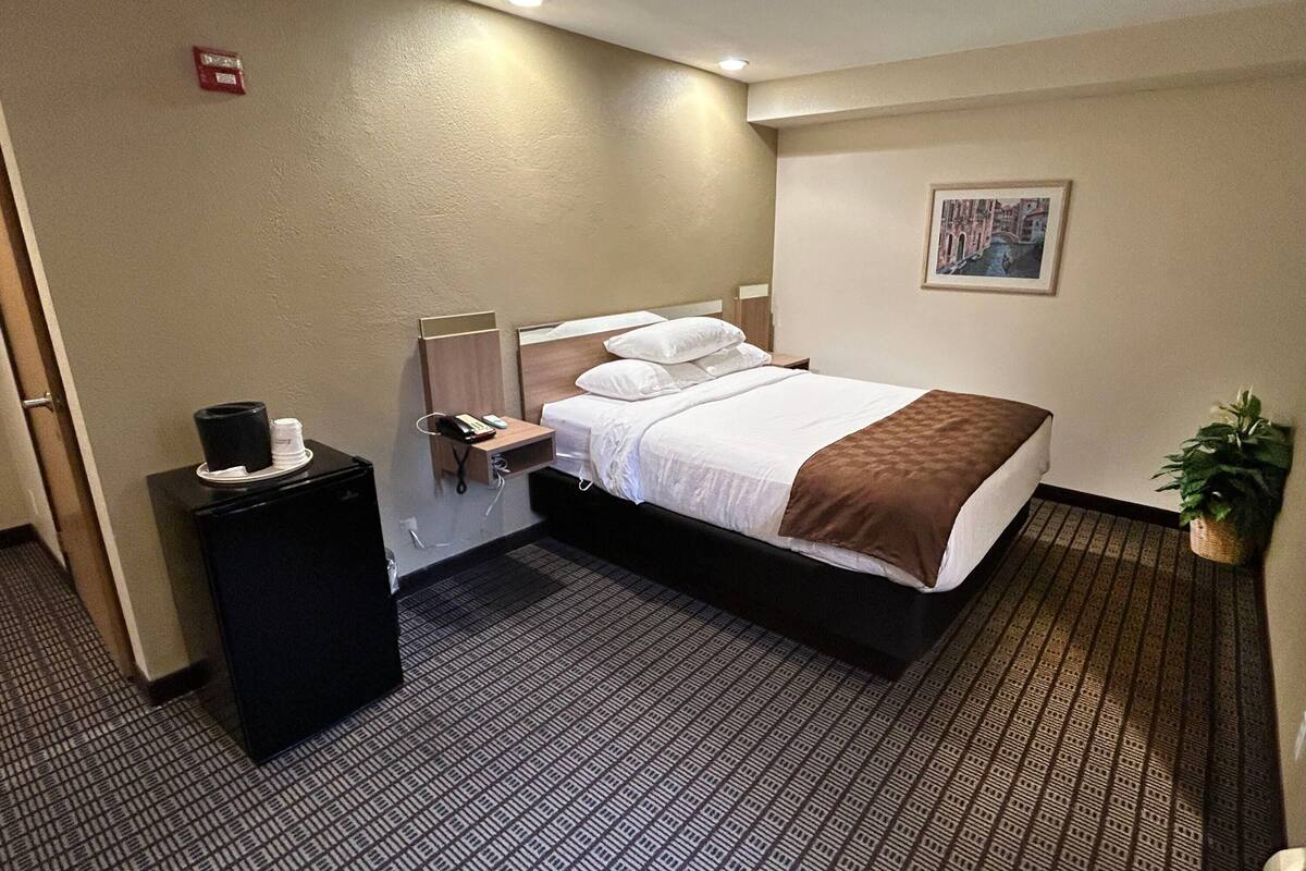 Ett hotellrum med en säng, ett litet skrivbord, en papperskorg och en telefon som är monterad på väggen.