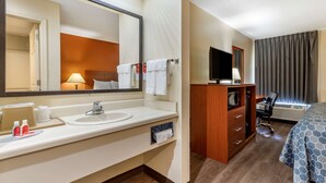 A hotel room with a large mirror, a sink with toiletries, a bed with a patterned bedspread, a TV, and a wardrobe. - Econo Lodge Saint Stephen (St. Stephen)
