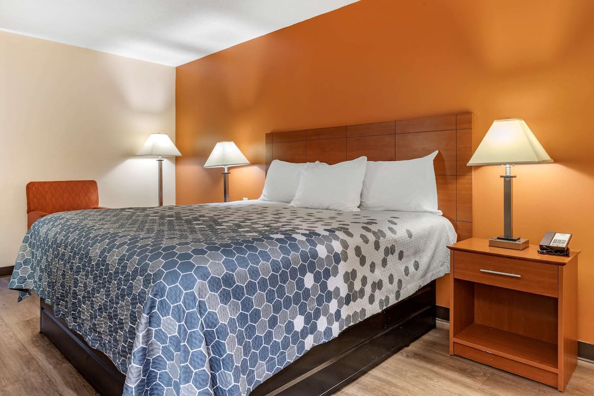 Une chambre d’hôtel avec un lit, deux lampes de chevet, une table de chevet et une chaise.