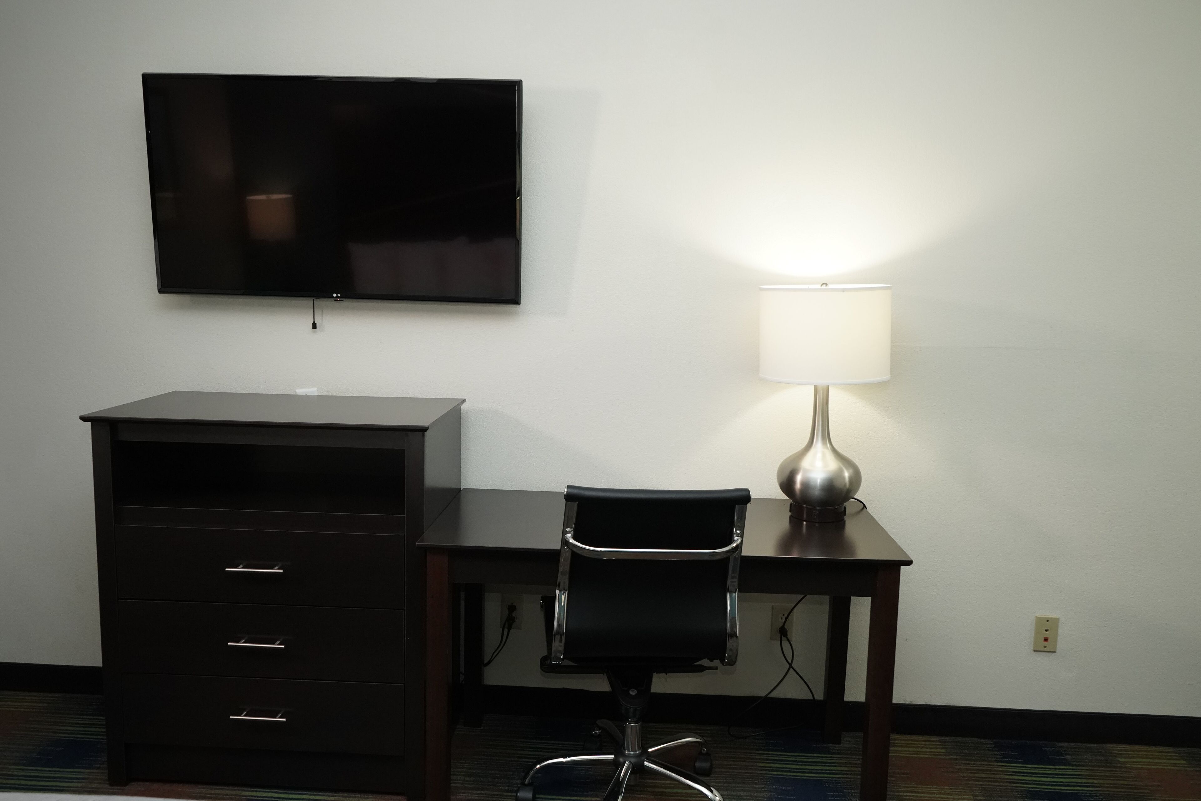 Desk, laptop workspace, blackout curtains, iron/ironing board