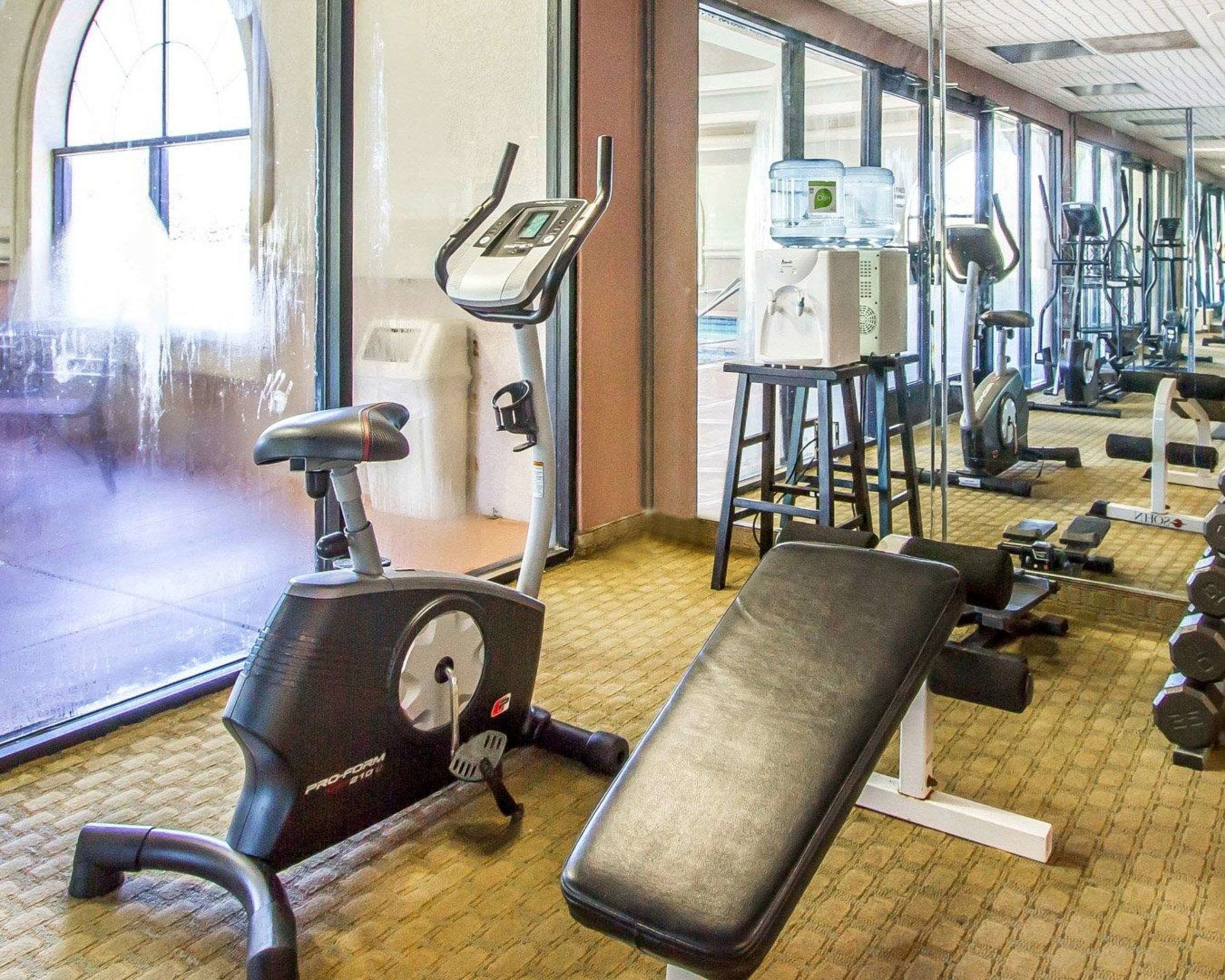 Une salle de sport équipée de machines de cardio, de bancs de musculation et d’haltères.