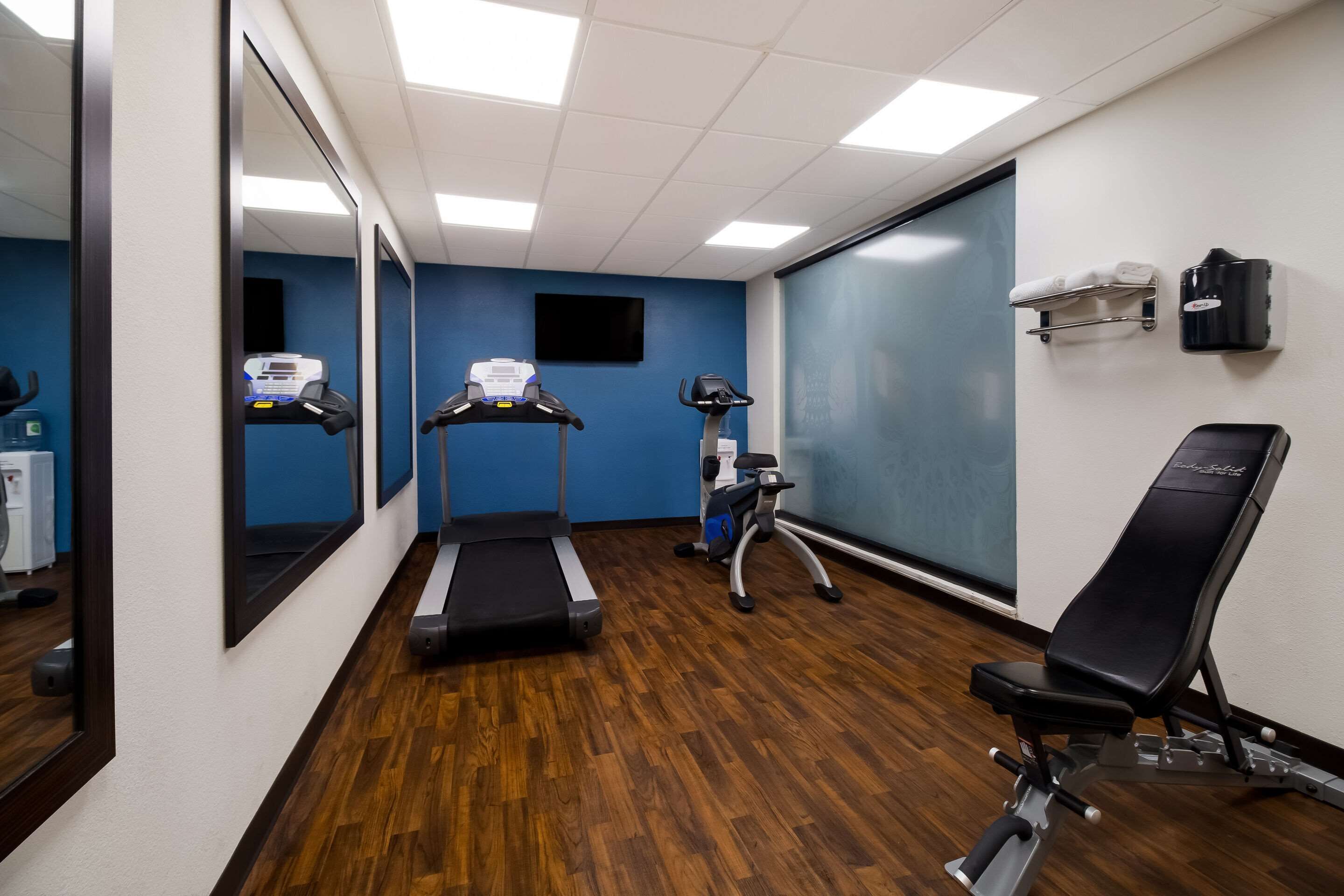 A gym with a treadmill, elliptical, and weight bench.