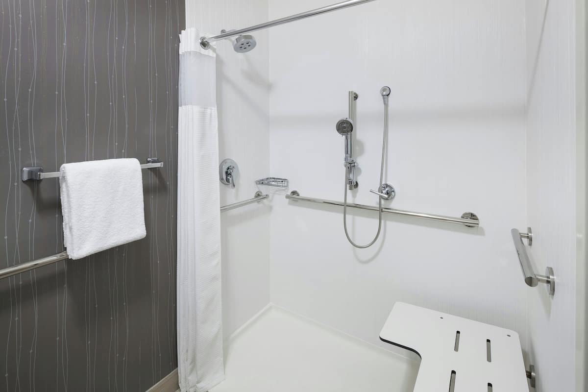combined shower/bathtub, free toiletries, hair dryer, towels