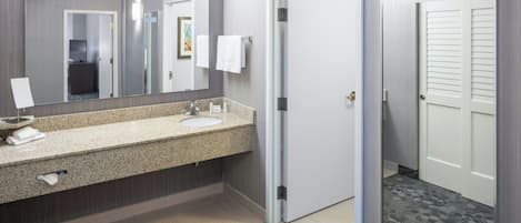 A modern bathroom with a granite countertop sink, a large mirror, and a door leading to another room.