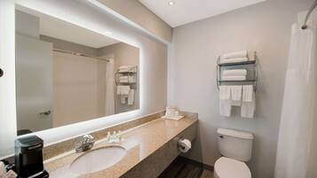 Combined shower/tub, free toiletries, hair dryer, towels