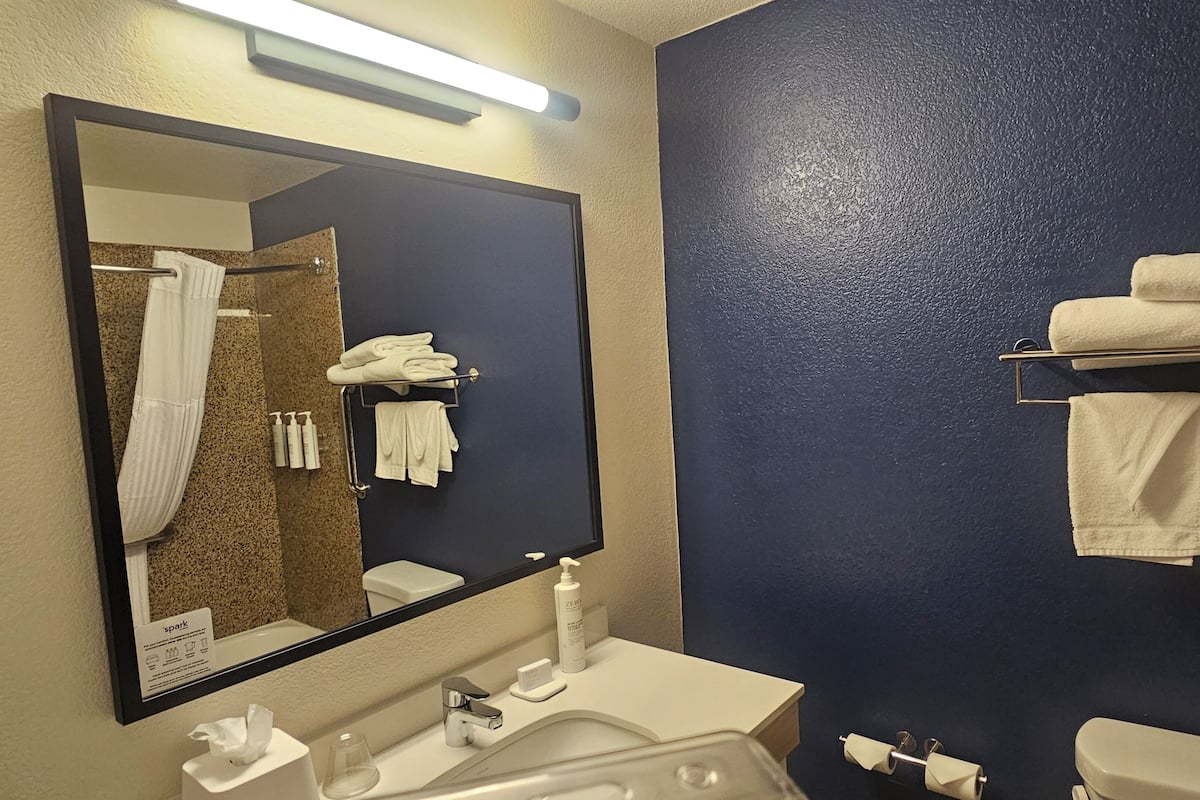 A bathroom with a large mirror, a sink, a toilet, and towels on a rack.