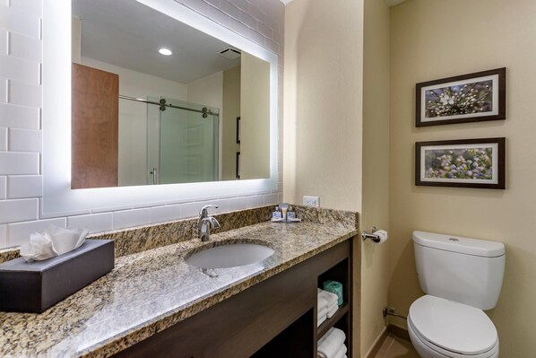 A bathroom with a granite countertop sink, a mirror, a toilet, and two framed pictures on the wall.