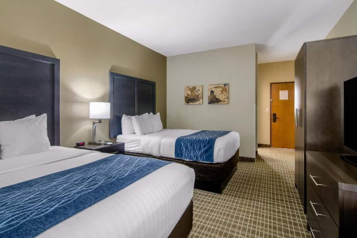 A hotel room with two beds, a TV, a desk, a lamp, and artwork on the wall.