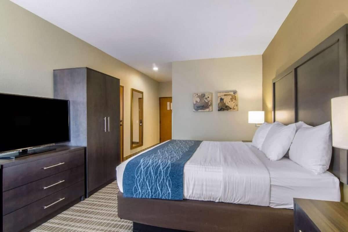A hotel room with a bed, a TV, a wardrobe, and artwork on the wall.