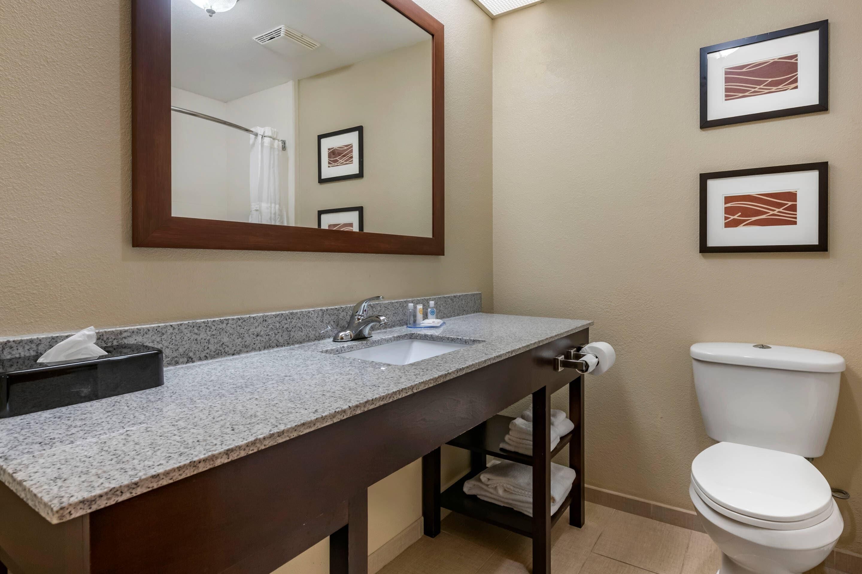 Une salle de bain avec un lavabo doté d’un plan de travail en granit, un miroir, des toilettes et des œuvres d’art encadrées accrochées au mur.