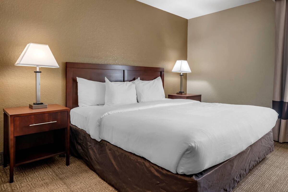 A hotel room with a large bed, two bedside tables, and lamps.