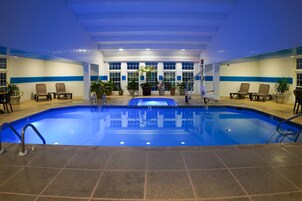 Indoor pool, outdoor pool, pool umbrellas, sun loungers