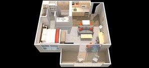 A 3D floor plan of a hotel room with a bed, a sofa, a desk, a chair, a bathroom, and a balcony. - Corporate Inn Sunnyvale (Sunnyvale)