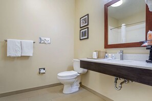 Combined shower/tub, hair dryer, towels