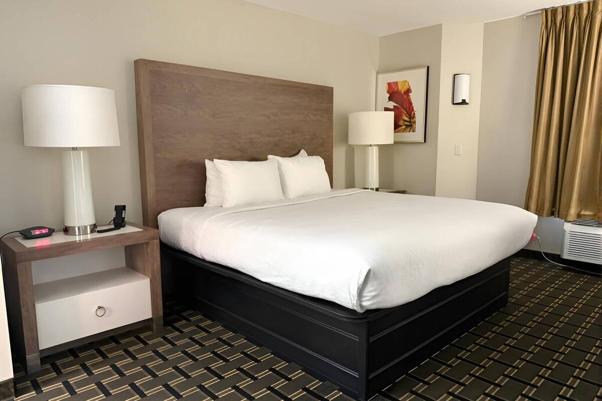 Una habitación de hotel con cama, mesitas de noche, lámparas, un cuadro y suelo estampado.