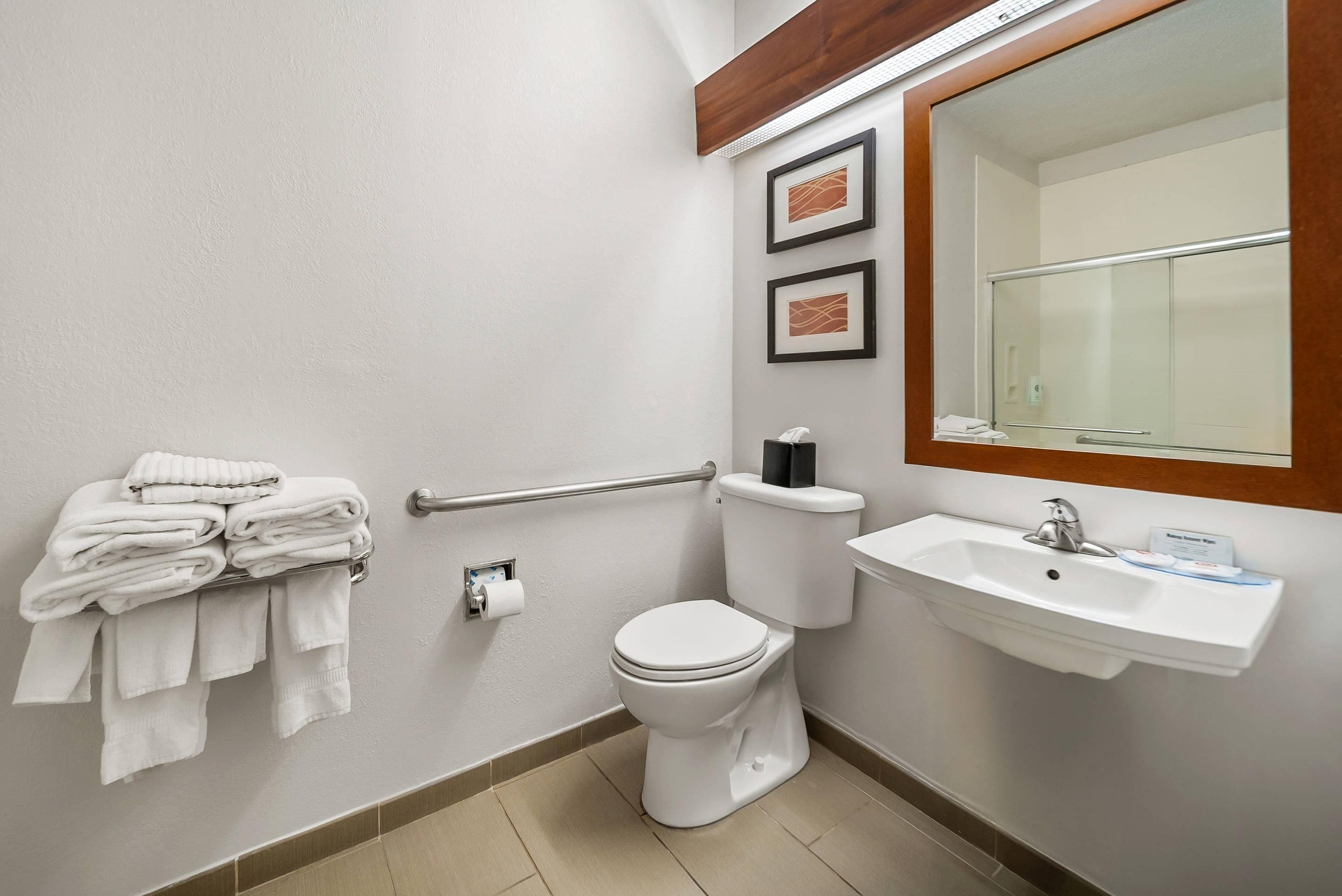 A bathroom with a toilet, sink, towel rack, and a handrail.