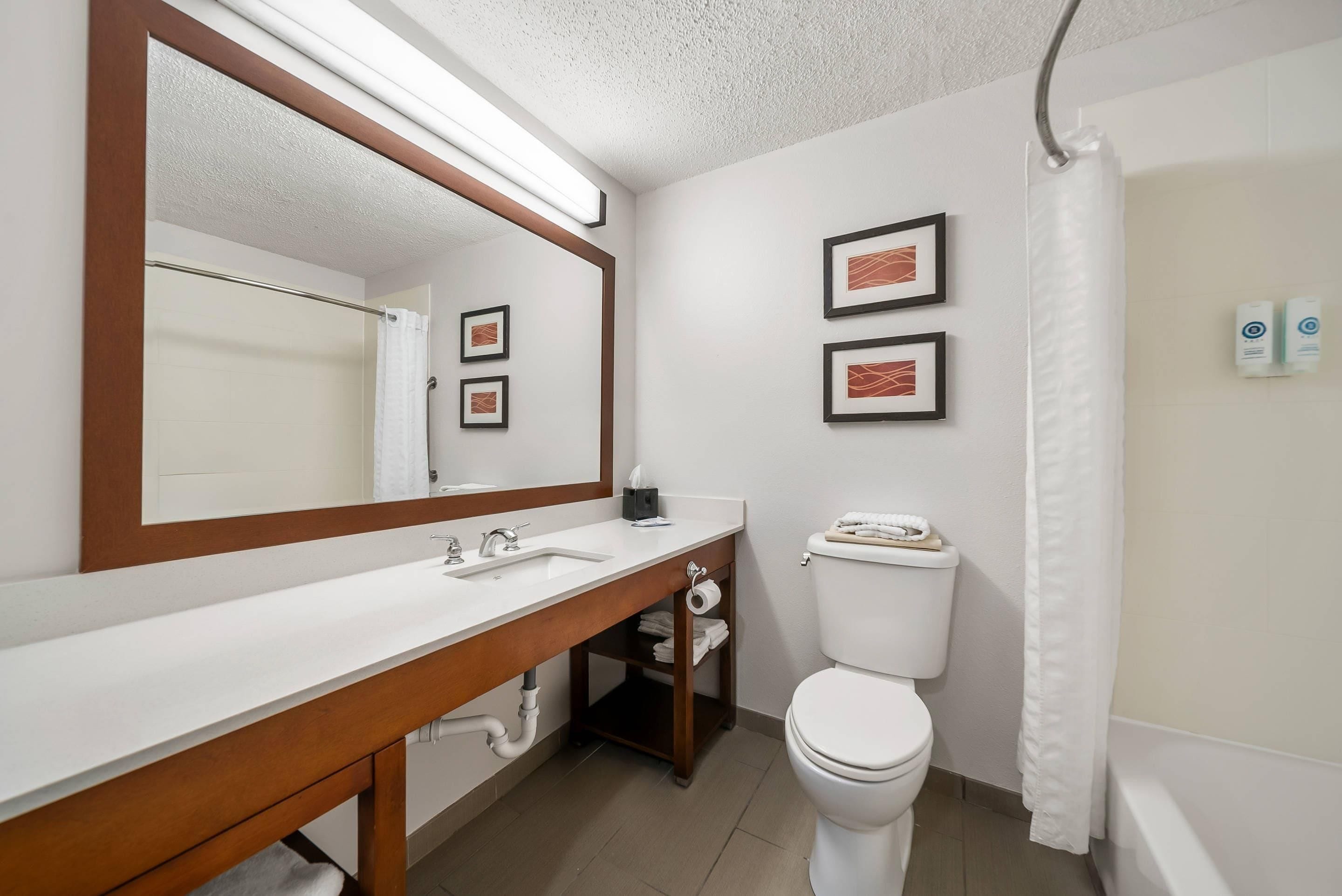 Une salle de bain avec un lavabo blanc, un miroir et des toilettes. Deux tableaux encadrés sont accrochés au mur.