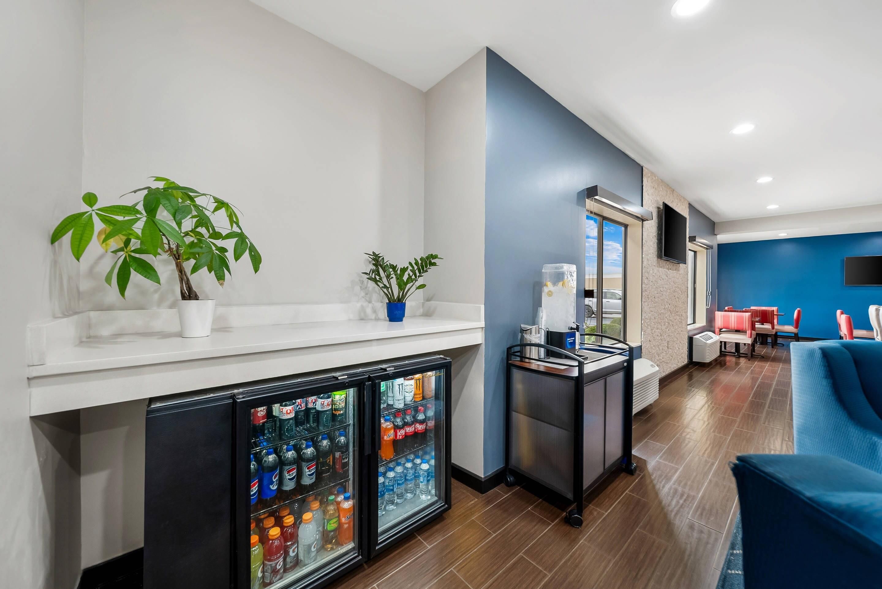 Eine moderne Hotelhalle mit Sitzgelegenheit, einer Minibar mit Getränken und einer großen Kühlpflanze.