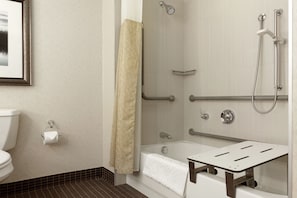 Combined shower/bathtub, free toiletries, hair dryer, towels