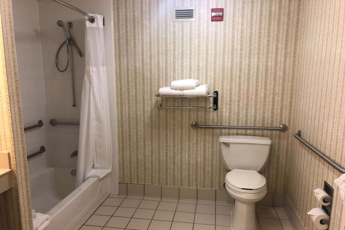 Combined shower/tub, free toiletries, hair dryer, towels