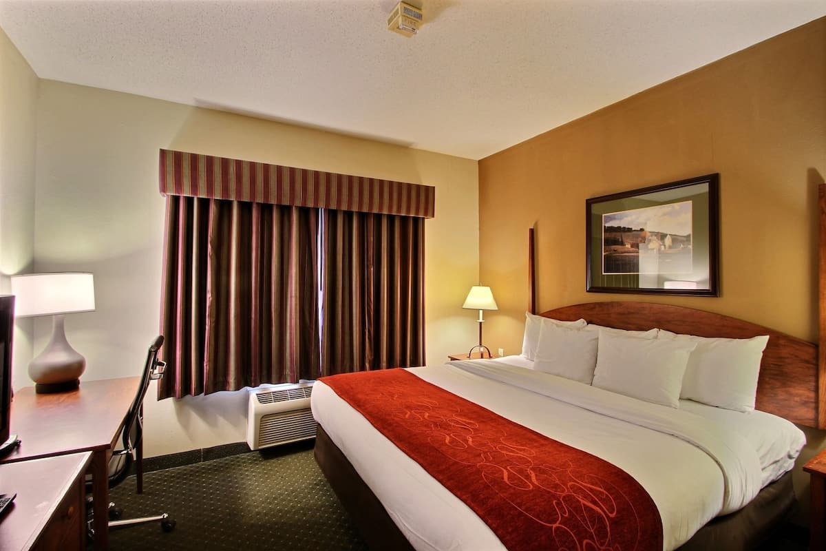 1 bedroom, desk, blackout drapes, iron/ironing board
