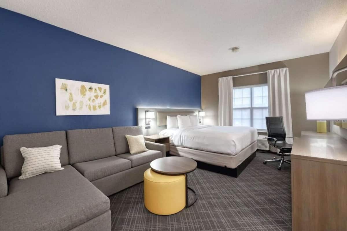 1 bedroom, desk, blackout drapes, iron/ironing board