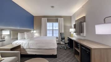 1 bedroom, desk, blackout drapes, iron/ironing board