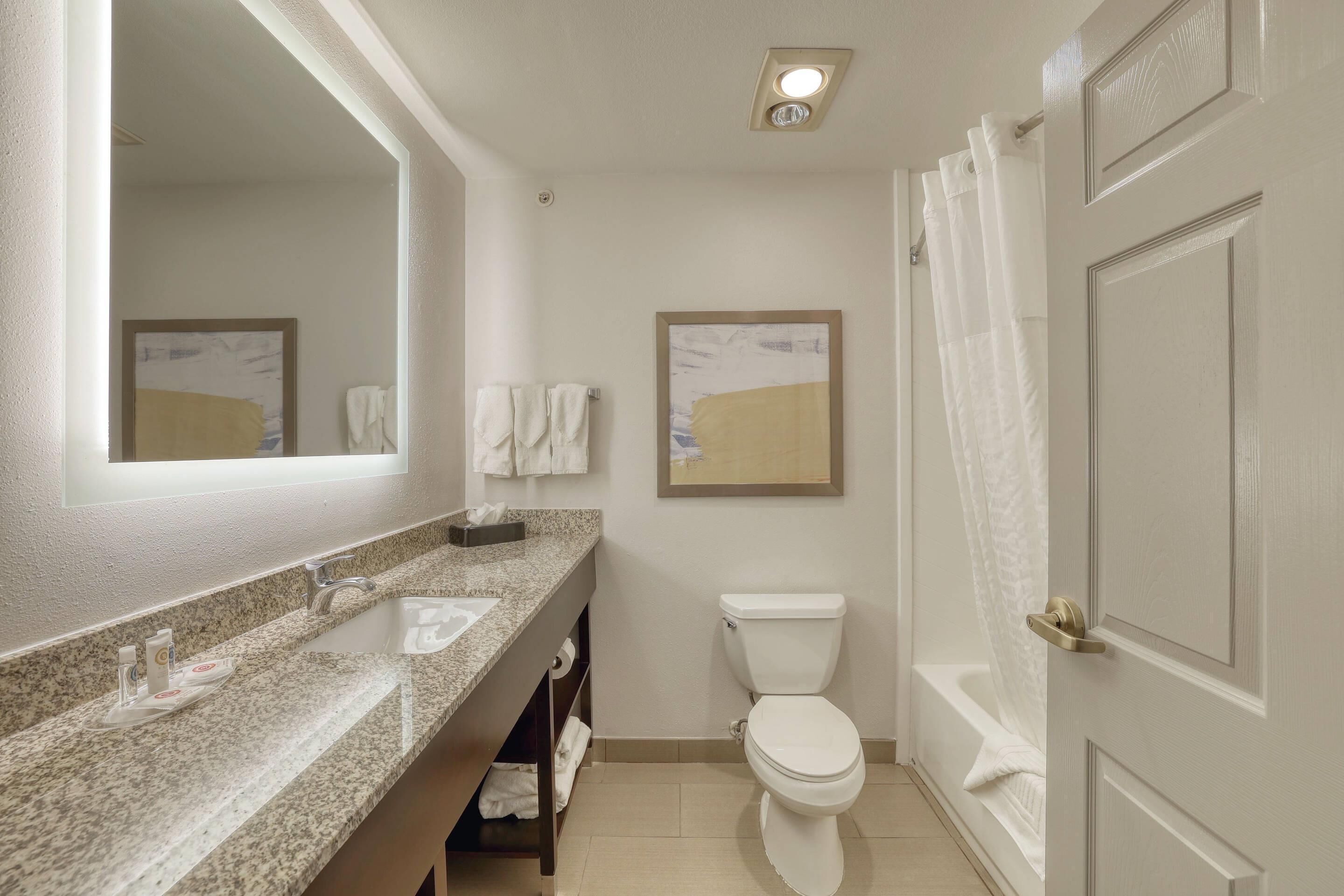 A bathroom with a granite countertop, a toilet, a shower with a curtain, and two framed pictures on the wall.