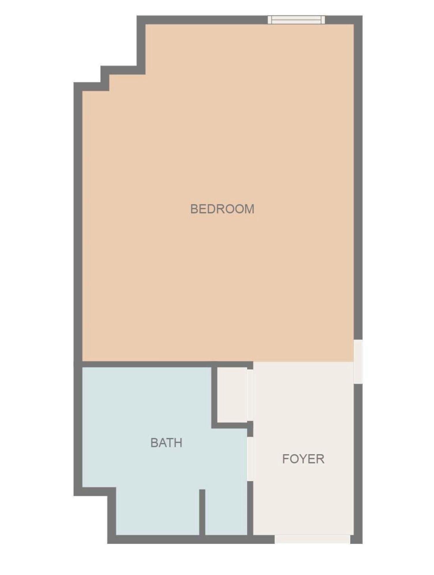 Un plano de planta que muestra un dormitorio, baño y vestíbulo.