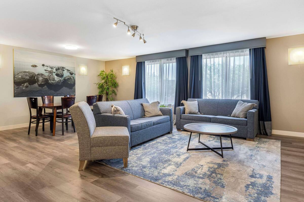 A modern living room with two sofas, a coffee table, and a dining area with chairs and a table.